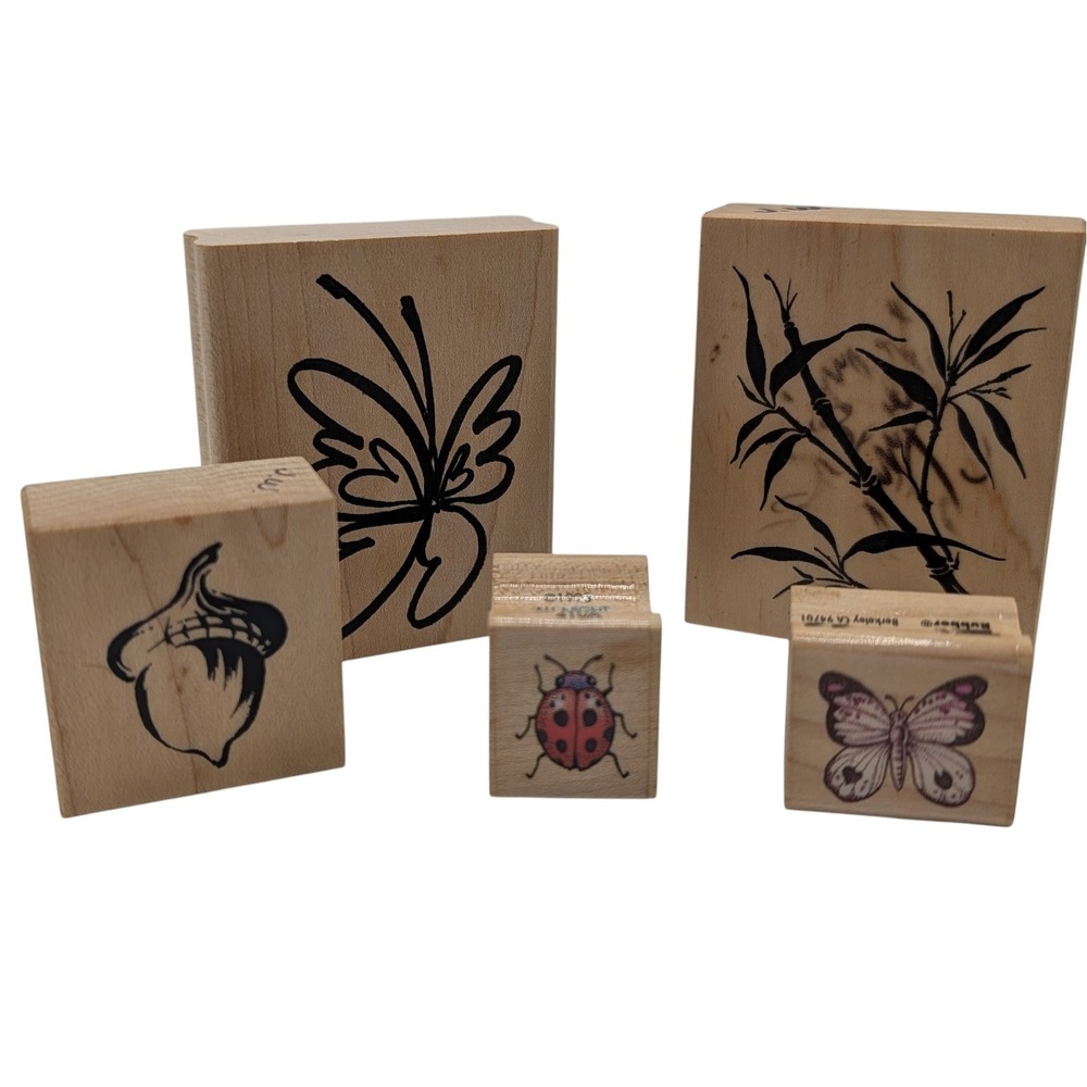 Vintage Wood Mounted Rubber Stamp‎ Set Nature Outdoor Craft Five Piece Set SEE